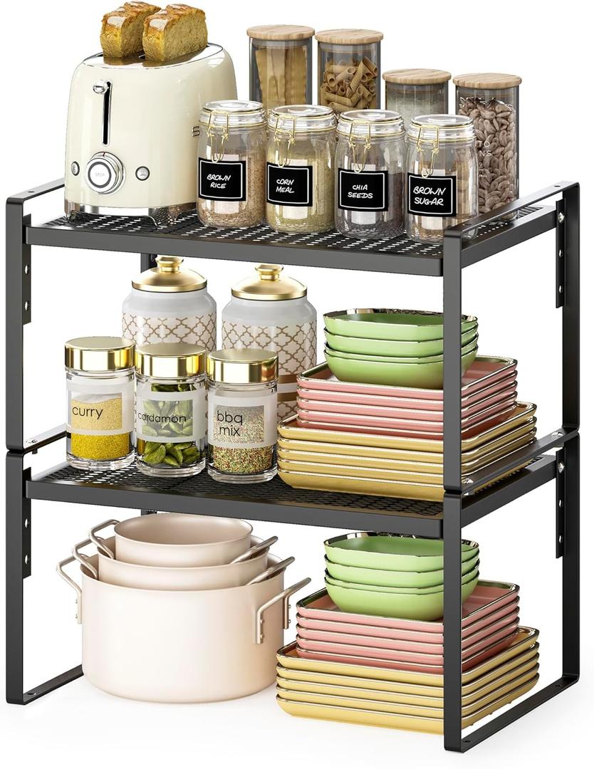 2 Pack Kitchen Countertop Organizer, Stackable Cabinet Shelf Organizer, 2 Tier Adjustable Kitchen Counter Shelves Riser For Pantry Cupboard Bathroom Organization And Storage, Desk Shelf,Spice Rack (8.46''D*13''W*8.26''H, Black)