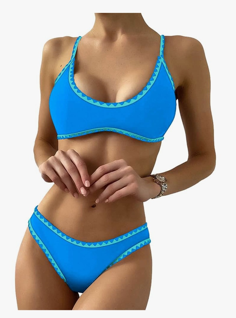 ZAFUL Women's Contrast Trim Piping Crochet High Cut Tie Back Bralette Bikini Set (Light Blue, S)