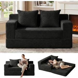 Erament Loveseat Boneless Convertible Sofa Bed, Folding Floor Futon Sleeper Sofa Couch Bed- Boneless Foldable Couch, Corduroy Pull Out Sofa Bed with 2 Pillows for Living Room & Bedroom, 54''