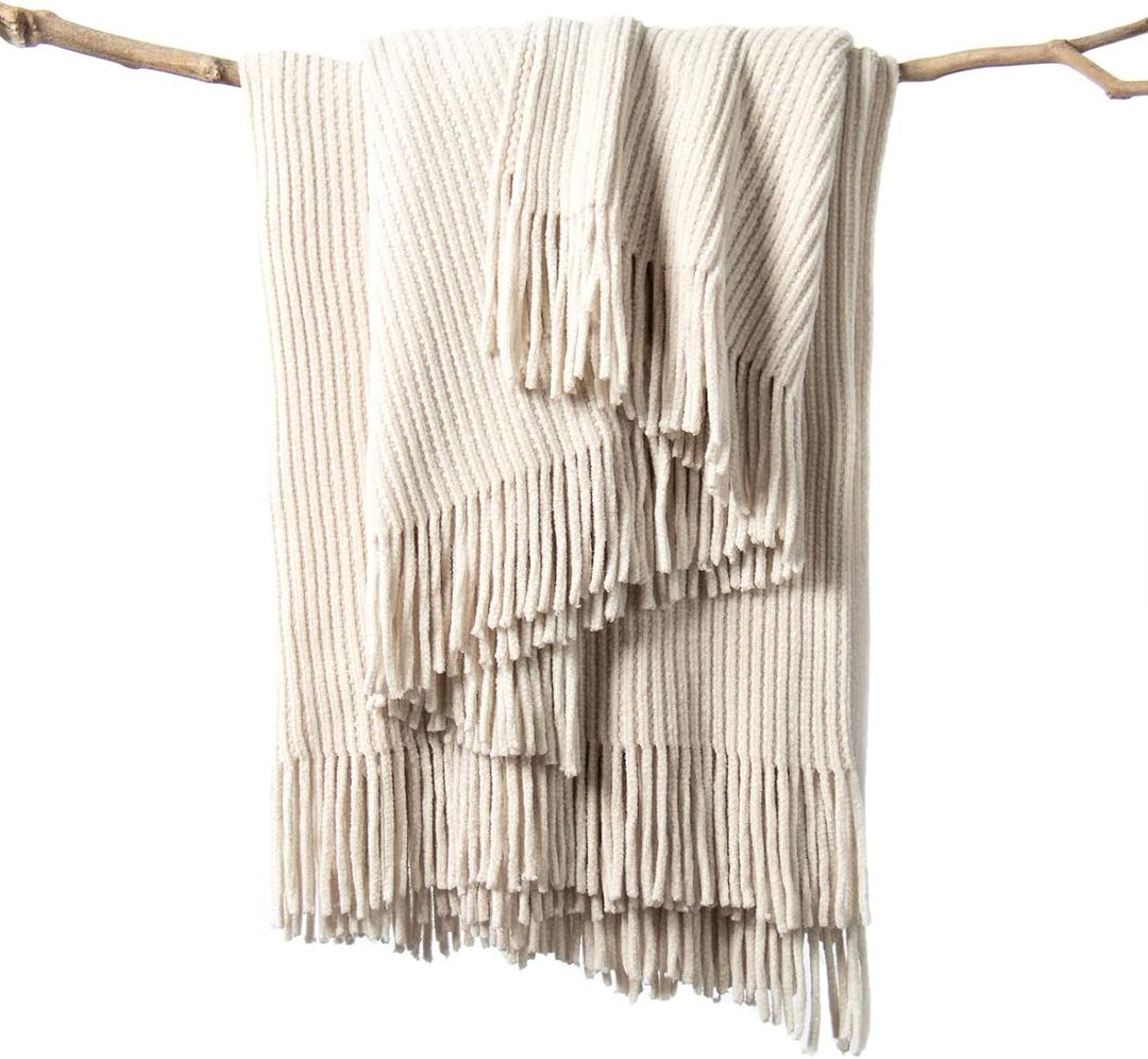 lifein Chenille Throw Blanket 50x60 - Soft Boho Knitted Blanket for Couch Cozy Farmhouse Decor Bed Throw, Lightweight All Season White/Cream Blanket, Decorative for Living Room Bedroom Spring Decor