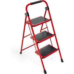 3 Step Ladder, Folding Step Stool with Anti-Slip and Wide Pedal, Lightweight Stepladder with Handrails, Portable for Kitchen, Household, Red