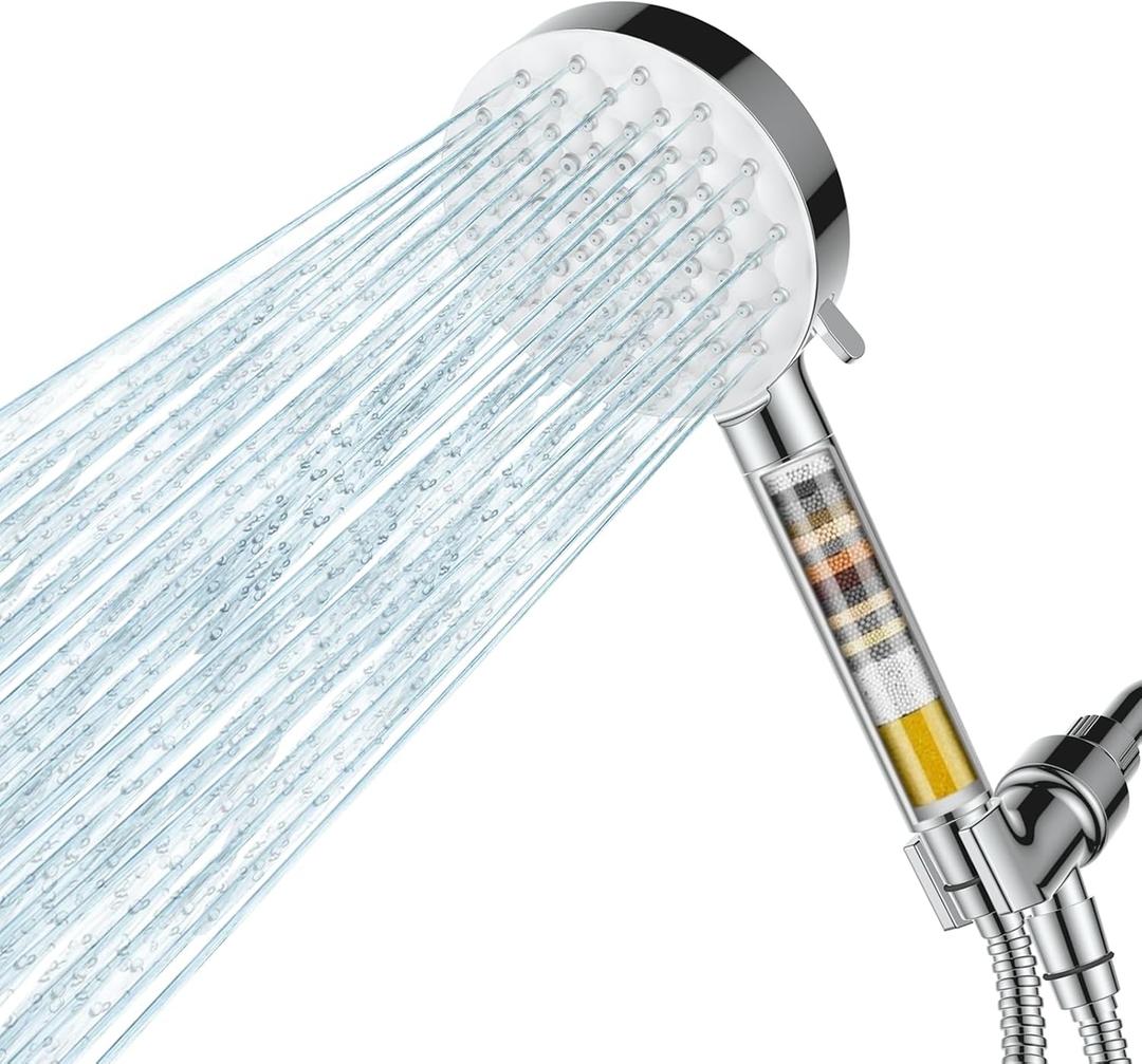 Filtered Shower Head with Handheld,High Pressure 6 Spray Mode Showerhead with Filters,Detachable Shower Head, Water Softener Filters Beads for Hard Water -Remove Chlorine (Chrome)