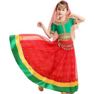Belly Dance Dress Girls Indian Bollywood Halloween Costume Chiffon Skirts Shiny Belly Dance Suits 4-Piece Outfit (11-13 Years, A-green + Red)