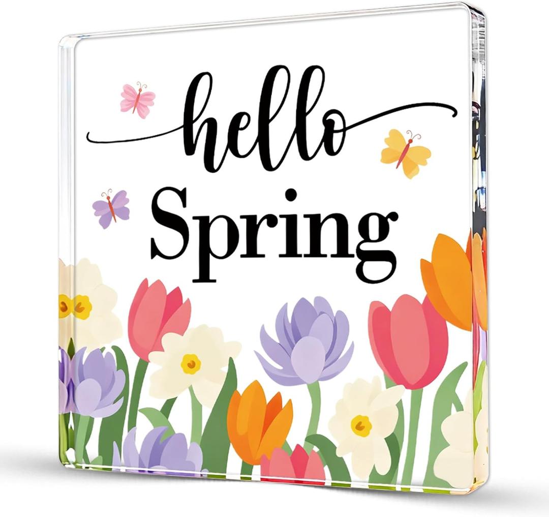 Spring Decor For Home Table Indoor Hello Spring Office Sign For Women Farmhouse Desk Decorations For Friends Besties Family