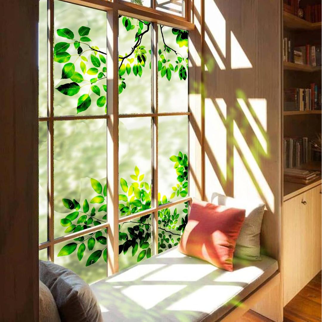 Watercolor Floral Window Sticker, Static Cling Window Clings, Stained Double Sided Window Decals for Glass Windows Door Decor, Leaves with Branch (15.75"x47.24"/40X120cm)