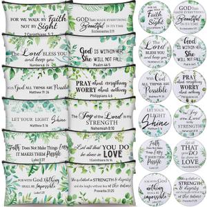 Geelin 24 Pcs Christian Gifts Bulk for Women 12 Green Leaf Religious Canvas Makeup Bags 12 Bible Verse Compact Mirrors Inspirational Church Party Gifts for Women Mother Sister