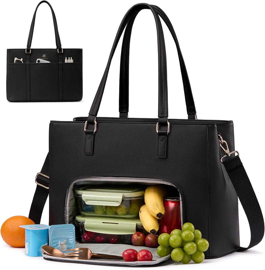 LOVEVOOK Lunch Bag for Women, Leather Laptop Tote Bag with Insulated Lunch Compartment for Work, Office (17.3 inch, Black)