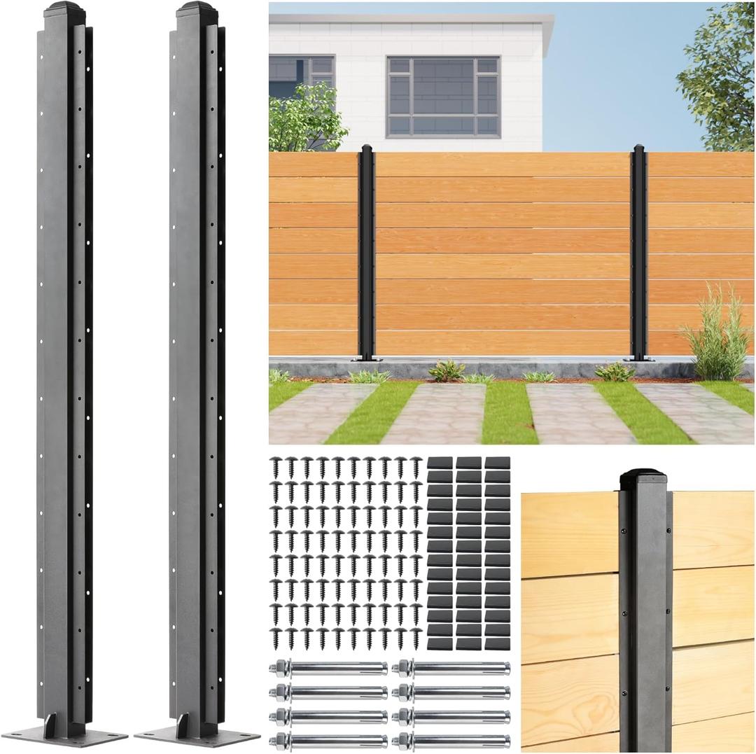 4ft (H/48in) Heavy Duty Fence Post - Serial Post for Outdoor Patio, Backyard and Garden Privacy Fence (2pack-Matte Black)