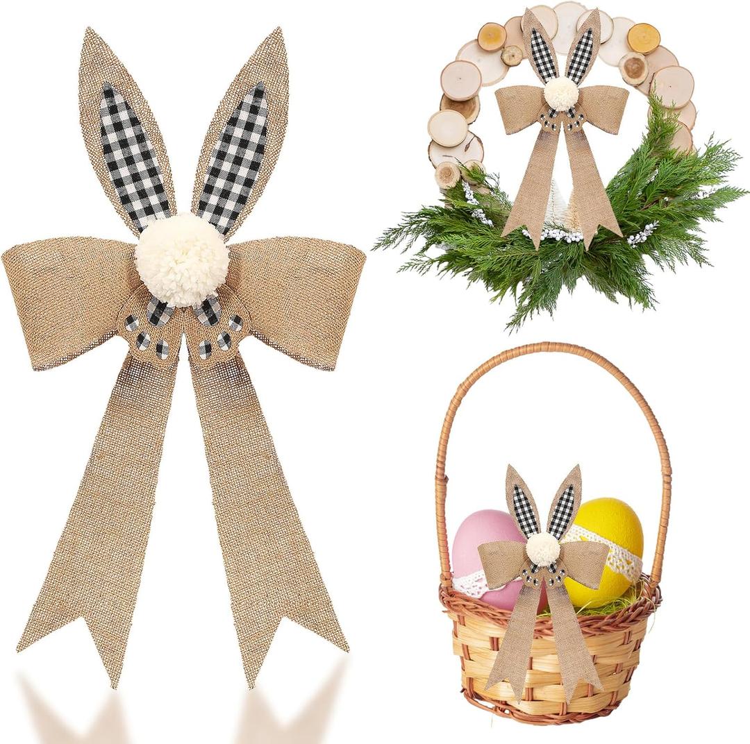 Easter Bunny Wreath Bows Decorations Burlap Rabbits Bows with Plaid Bunny Ears Pom for Spring Home Front Door Wall Decor
