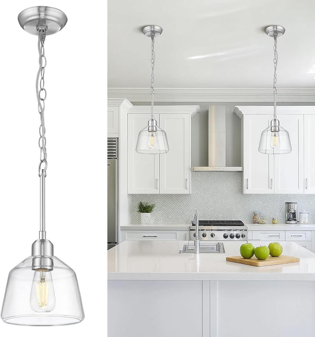 Pendant Lights Kitchen Island, 7.5" Hanging Light Fixture with Clear Glass Shade and Adjustable Chain, Farmhouse Kitchen Island Lighting for Dining Room, Brushed Nickel, PL187-BN-1PK