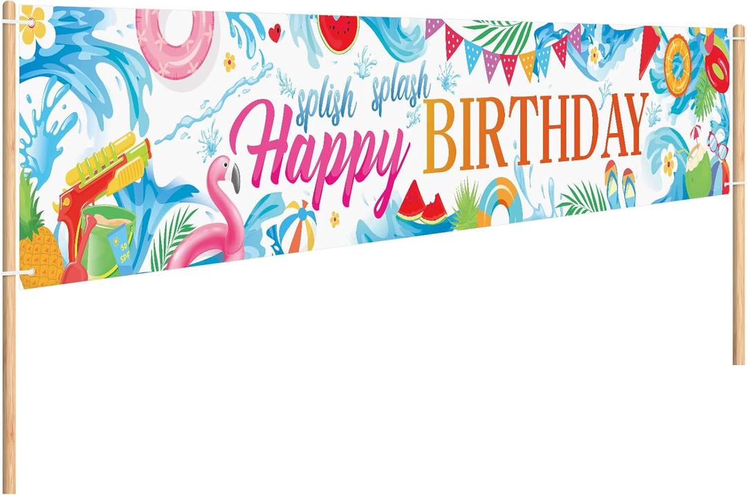Splish Splash Summer Birthday Decorations Splish Splash Happy Birthday Pool Party Banner Extra Large Size Banner for Summer Pool Party Supplies 118 x 20 Inch