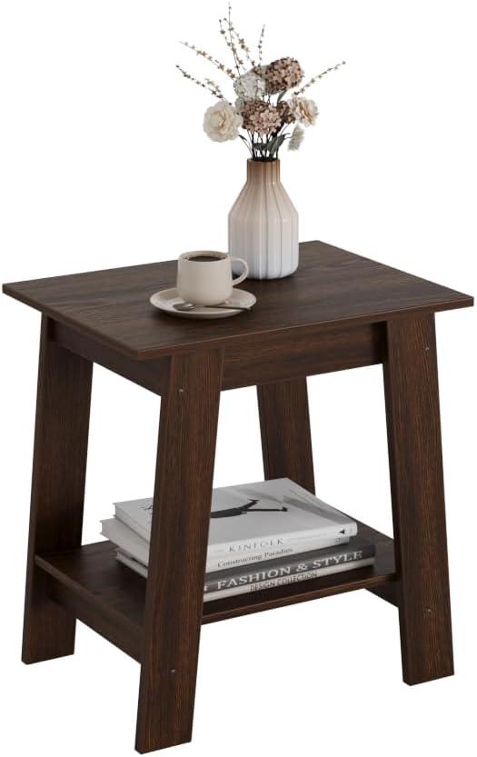 IDEALHOUSE End Table, Small Side Table, Nightstand with 2-Tier Storage Shelf, Wood Bedside Table for Living Room, Small Spaces, Bedroom, Entryway, Farmhouse, Walnut