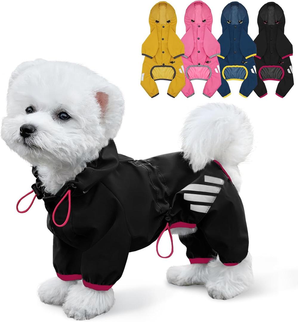 Dog Raincoat, Waterproof Dog Rain Jacket with Hood, Dog Rain Coat with Leash Hole, Reflective Strap for Small Medium Dogs, Lightweight Puppy Clothes(Black,M)