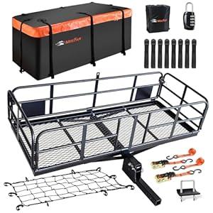 MeeFar High Rail Trailer Folding Hitch Mount Cargo Carrier Basket 60" X 24" X 14"+Waterproof Cargo Bag 20 cu ft (59" 24" 24"), Capacity of 500 Lbs with Hitch Stabilizer, Net, Lock and Straps