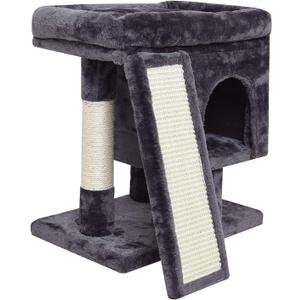 SYANDLVY Small Cat Tree for Indoor Cats Large Adult, Activity Tower with Scratching Post, Modern House with Padded Perch, Kittens Condo with Board, Cat Cave (Smoky Grey)