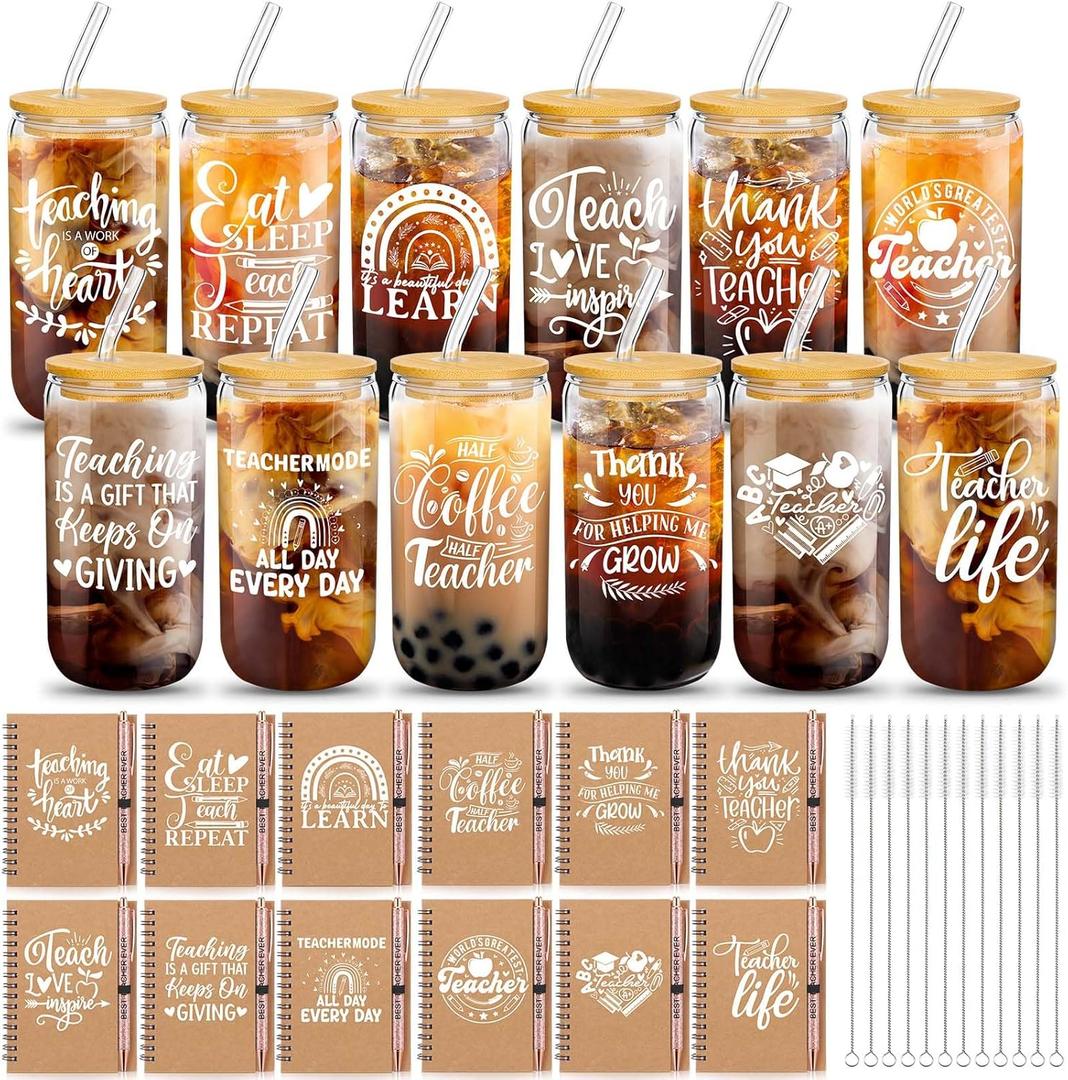 Skylety 36 Pcs Teacher Appreciation Gift Set for Women Thank You Inspirational 16 Oz Glass Cup with A6 Journal Notebook and Glitter Ballpoint Pen for Teacher Week Graduation School Supplies (Vivid)