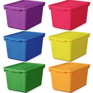 Potchen 6 Pack Cute Plastic Storage Bins with Lids Decorative Stackable Storage Boxes 9.8" 7.3" 5.7" Small Storing Totes for Organizing Craft Office Supplies (Colorful)