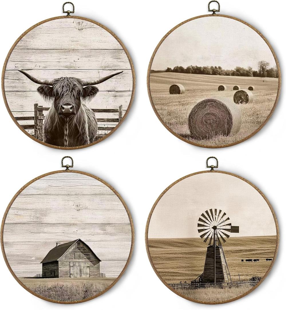 BitKAM Vintage Farmhouse Western Cow Round Wall Art Decor, Rustic Country Canvas Prints Framed, Retro Western Prints Wall Hanging Decorations for Home Bedroom, 10x10 Inch Wall Sculptures Set of 4