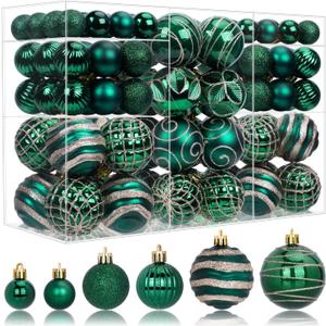 100 Pack Dark Green Christmas Ball Ornaments Set, Hand-Painted Shatterproof Hanging Decorations, Assorted Emerald Green Baubles Bulk for Xmas Tree Wreath, Winter Holiday Home Party Decor