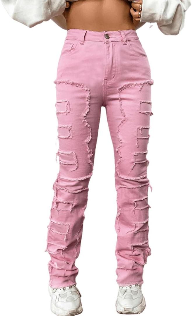 Women's High Waisted Straight Leg Slim Fit Raw Hem Patchwork Stretchy Y2K Stacked Mom Jeans Boyfriend Jeans for Teen Girls (Large, Pink)
