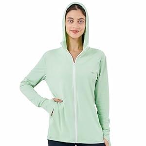 Commollis UPF Above 50+ Women's Sun Protection Hoodie Jacket Long Sleeve Hooded Active Shirts Outdoor Hiking Performance Zip Running Jacket Athletic Jacket - Mint Green/ L