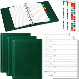 Ireer 3 Set Mini 6 Ring Binder 3 x 5 inch 300 Lined Paper Refill 78 Alphabet Divider Small Index Tab PU Leather Professional Economy Organizer Planner Binder Notebook Kit(Dark Green)