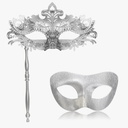 FunMular Couple Masquerade Mask with Holding Stick Metal Masks Halloween Costume Venetian Mardi Gras Mask for Women and Men