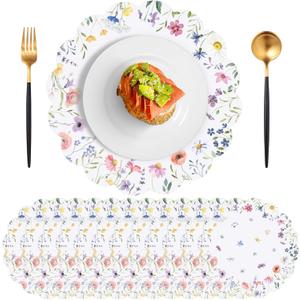 60Pcs Spring Flower Paper Placemats, 13.5 Inch Disposable Floral Placemat Round Wildflower Butterfly Place Mats Scalloped Table Mat for Mother's Day Wedding Banquet Baby Shower Bridal Shower Tea Party