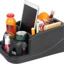 Big Plastic Console for Cars, Trucks, Minivans, SUVs with 2 Adjustable Drink Cup Holders Phone Book Holder, Back Bench and Front Seat or Floor Middle Console Universal Vehicle Organizer Black