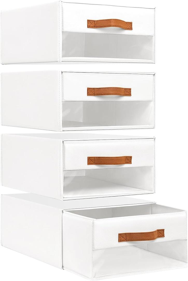 DIMJ Closet Organizers and Storage - Fabric Bins with Drawers for Closet Foldable Clothes Organizers with Clear Window, Stackable Storage Drawers Units for Bedroom, Living Room, 4-Pack, White