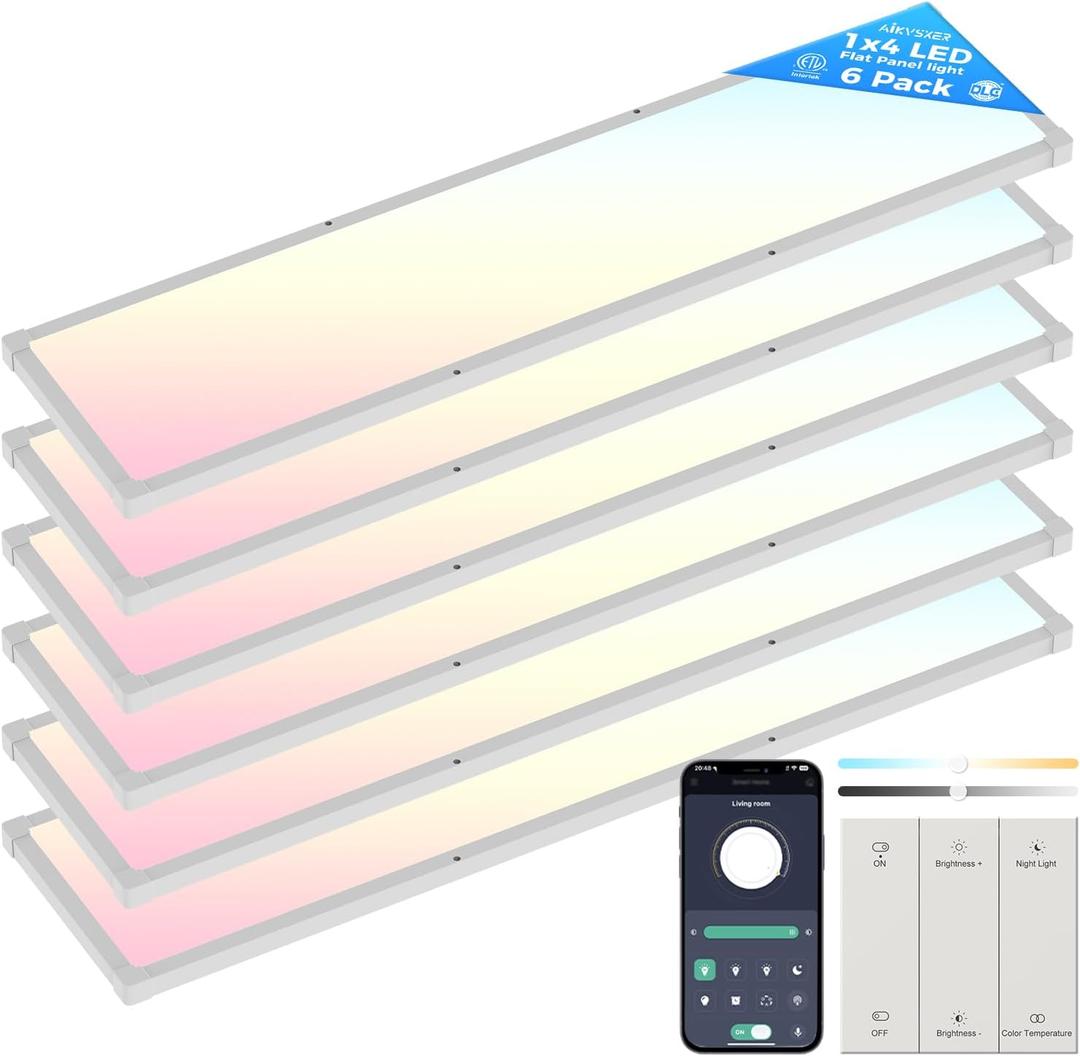 AIKVSXER 6 Pack 1x4 FT LED Flat Panel Light Surface Mount, with Wireless Switch & App Control, Night Mode, 50W 5500LM, 3000K/4000K/6500K, Ultra-Thin LED Light for Office Home,120-277V - White