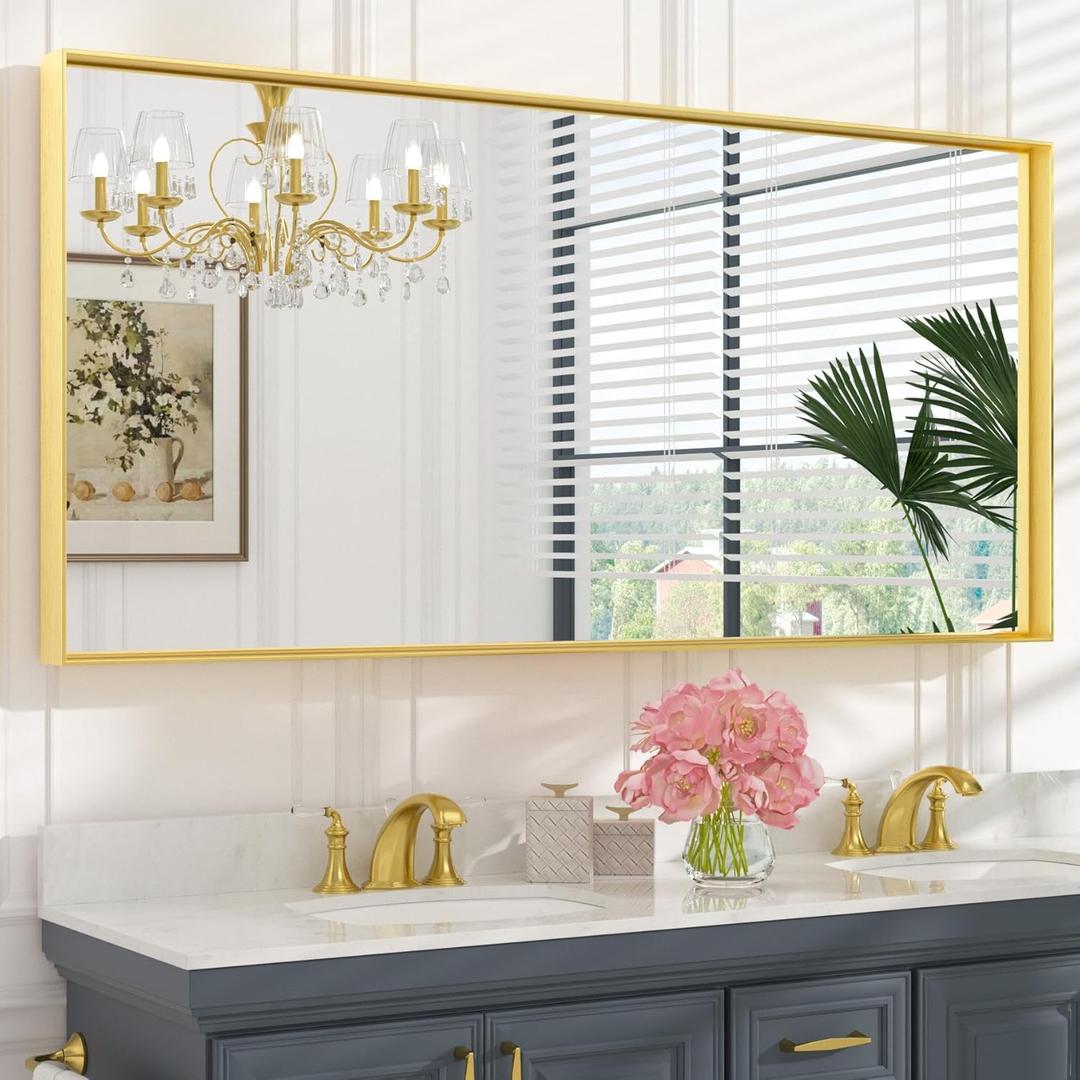 Keonjinn Brushed Gold Bathroom Mirror 60 x 30 Metal Framed Rectangular Wall Mirror Large Farmhouse Bathroom Mirrors Rectangle Gold Wall-Mounted Vanity Mirrors(Horizontal/Vertical)