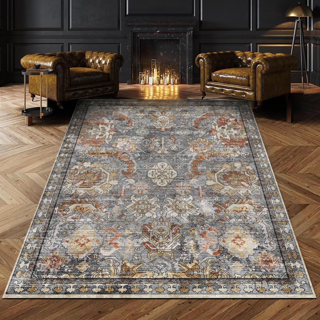 RUGSURE Washable Area Rugs - Perfect for Living Room, Bedroom, Kids Room, Nursery - Stain & Water Resistant Non-Slip, Pet & Child Friendly, Vintage Tribal Area Rugs (Turmeric and Grey, 4' x 6')