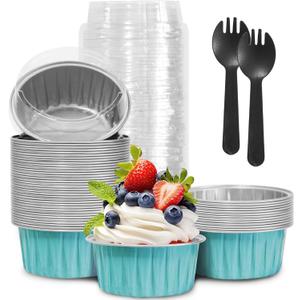 50Pcs Mini Aluminum Foil Cupcake,5oz Baking Cups with Lids,Mini Cake Pans Disposable,Loaf Pans with Lids,Disposable Ramekins,Tin Cups Containers for Cupcake,Pudding,Muffin,Cheesecake (Light Blue)