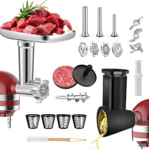2 Set Meat Grinder & Cheese Grater Attachment for KitchenAid Stand Mixer, with 4 Grinding Plates, 3 Metal Sausage Stuffer Tubes, 4 Slicer Shredder Attachment, Burger Press and 3 Blades