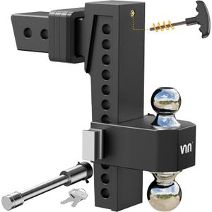 VNN 2.5 Inch Receiver Hitch, Dual-Ball(2'', 2-5/16''), Fits 2.5 Receiver Hitch, 10 Inch Drop Hitch, 18,500 LBS GTW-Drop Hitch for Trucks, Heavy Duty Solid Ball Mount, Black, VN0008