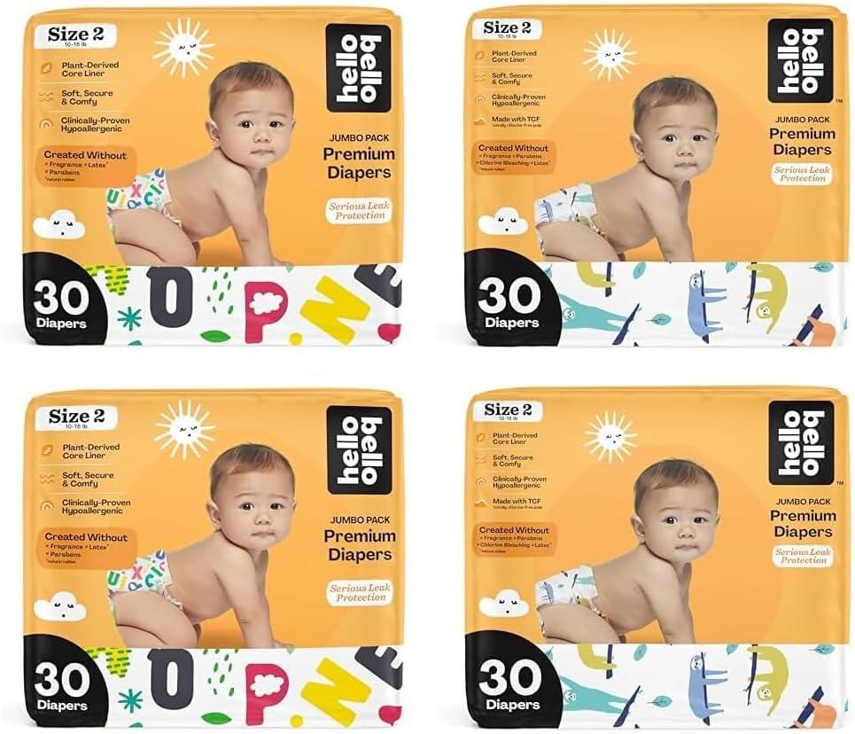 Hello Bello Premium Baby Diapers Size 2, 120 Count of Disposable, Extra-Absorbent, and Hypoallergenic Baby Diapers with Snug and Comfort Fit, Alphabet Soup (60) and Sleepy Sloth (60) Hello Bello Premium Baby Diapers Size 2, 120 Count of Disposable, Extra-Absorbent, and Hypoallergenic Baby Diapers with Snug and Comfort Fit, Alphabet Soup (60) and Sleepy Sloth (60)