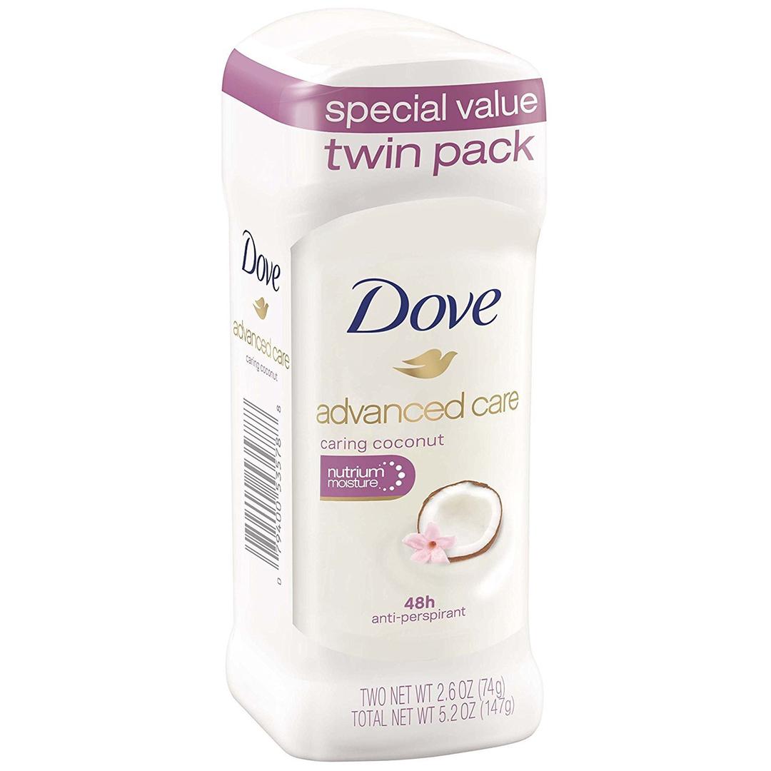 Dove Advanced Care Antiperspirant Caring Coconut, 2 Count Deodorant Stick for Women, for 48 Hour Protection And Soft And Comfortable Underarms, 2.6 oz