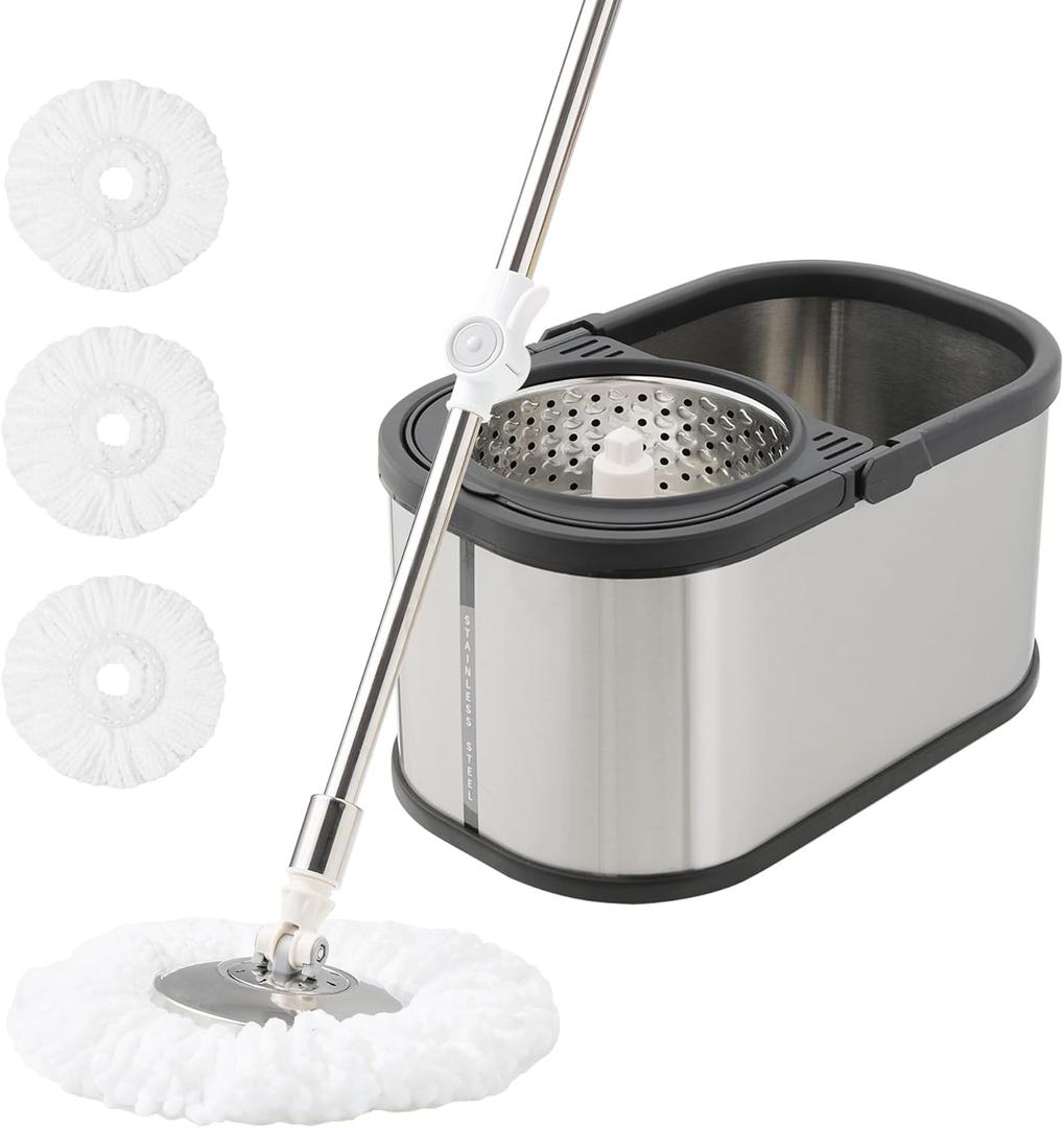 Stainless Steel Spin Mop and Bucket with Wringer Set, 360 Spinning Mop Bucket Floor Cleaning System with 4 Microfiber Mop Replacement Heads