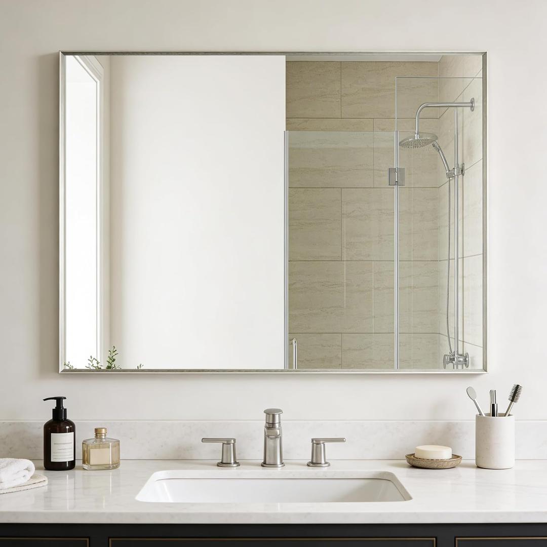 Bathroom Mirror for Wall, 30x40 Inch Metal Framed Mirror, Brushed Nickel Rectangle Mirror, Bathroom Vanity Mirror Farmhouse, Tempered Glass, Anti-Rust, Hangs Horizontally or Vertically