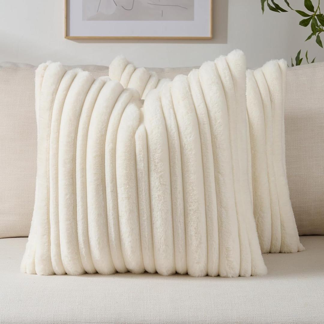 FUTEI Pack of 2 Faux Rabbit Fur Throw Pillow Covers 18x18 Inch Soft Fluffy Thick & Thin Striped Textured Decorative Cushion Case Modern Farmhouse Accent for Couch Bed Living Room, Cream White