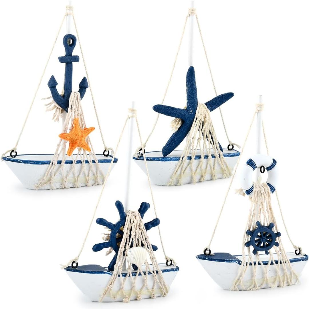 BUYGOO 4 Pieces Miniature Sailboat Model Decor, Vintage Nautical Handmade Wooden Sailboat Decor, Suitable for Beach Nautical Home