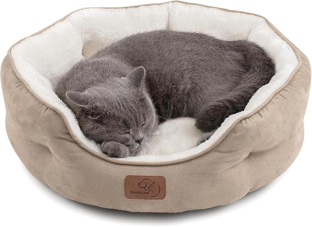 Bedsure Dog Beds for Small Dogs - Round Cat Beds for Indoor Cats, Washable Pet Bed for Puppy and Kitten with Slip-Resistant Bottom, 20 Inches, Camel