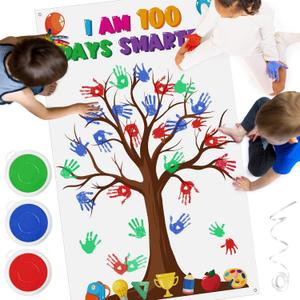 Cinrobiye 100th Day of School Craft Kit 100 Days of School Handprint Craft Hand print Banner with 3 Pcs Large Ink Pads for Classroom DIY Art Projetct Activity Wall Door Decorations (White)