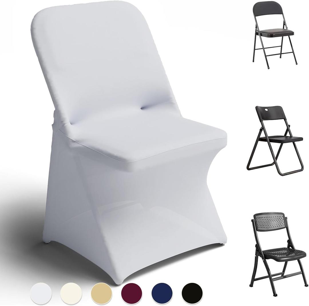 Trlyc Spandex Folding Chair Covers 100 Pcs Universal Fitted Dining Chair Cover Stretchy Slipcovers for Wedding Party Banquet Flat-Front Chairs Covers (White)