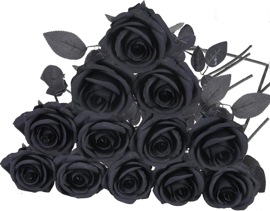 Felice Arts 12 Pack Black Roses Artificial Flowers with Black Stems Silk Roses Fake Flowers Bouquet for Halloween Centerpiece Table Vase Home Inddor Kitchen Party DIY Decor
