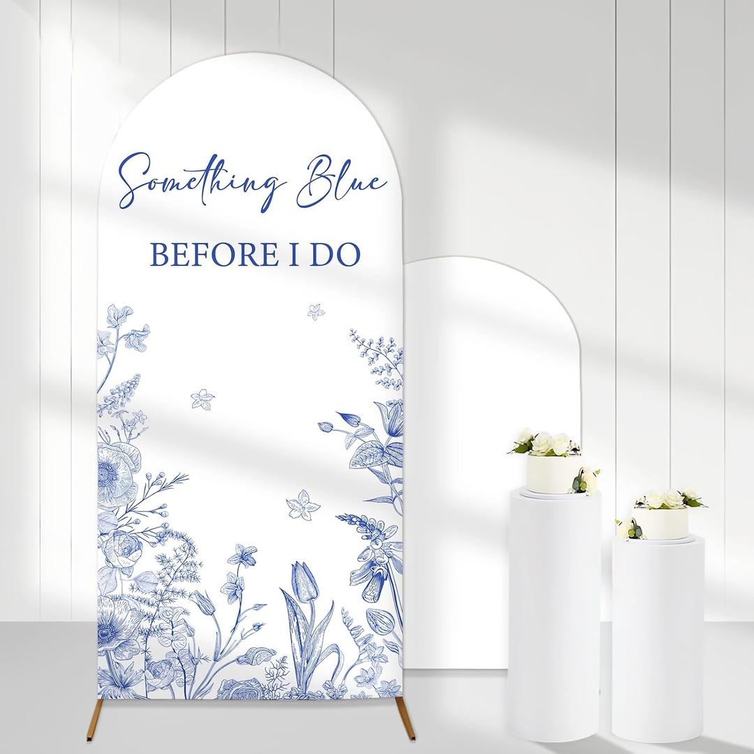 Something Blue Before I Do Arch Backdrop Covers, 6 Ft Floral Stretchy Arch Backdrop Stand Cover, Photography Background Arch Stand Cover for Bridal Shower Wedding Bachelorette Party Decor (1)