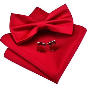 GUSLESON Mens Solid Color Double Fold Pre-tied Bow Tie and Pocket Square Cufflink Set with Gift Box