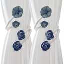 Flower Curtain Tiebacks with No Drill Installation, Fancy Decorative Holdbacks for Living Room, Bedroom, and Dining Room – Easy to Install and Adjustable, 2pcs Blue