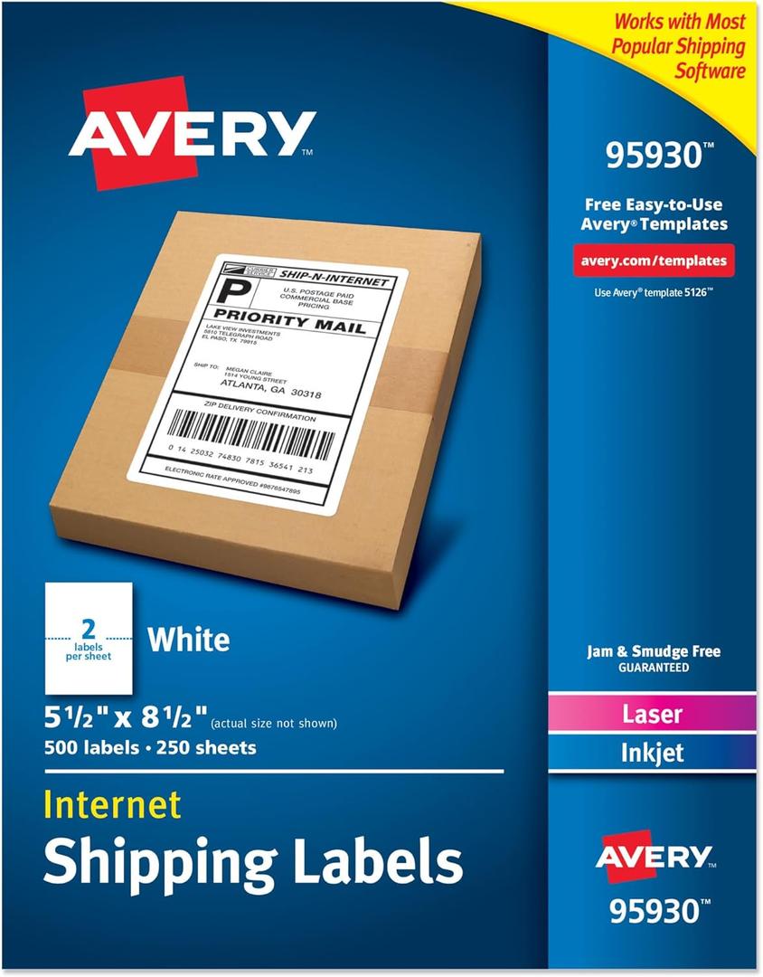 Avery Half Sheet Printable Shipping Labels, 5.5" x 8.5", White, 500 Blank Mailing Labels, Great for Packages, Product Labels, Organization, and More (95930)